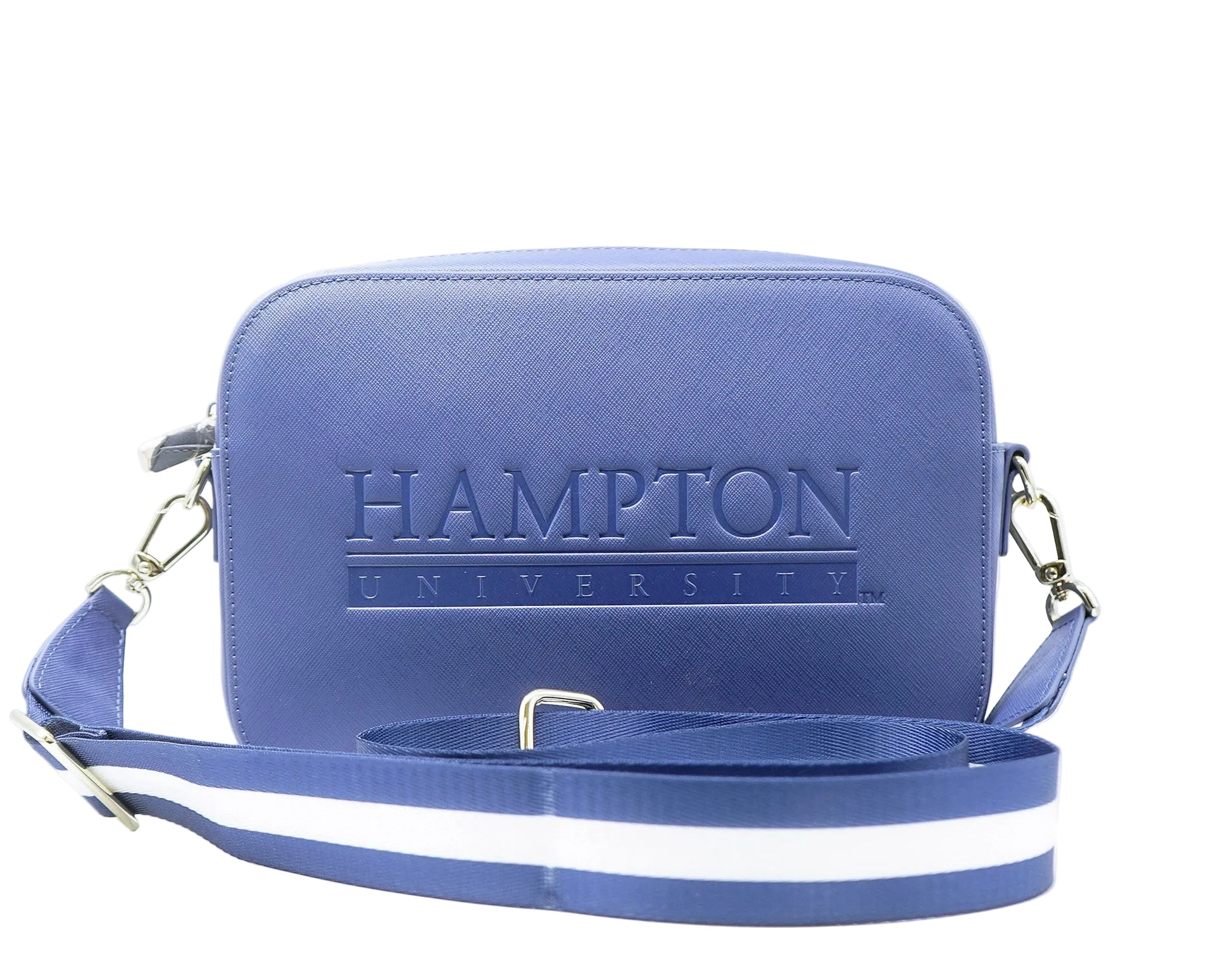 A blue leather crossbody bag with 'HAMPTON UNIVERSITY' embossed on the front, featuring a matching blue and white striped webbed strap with gold-tone hardware.